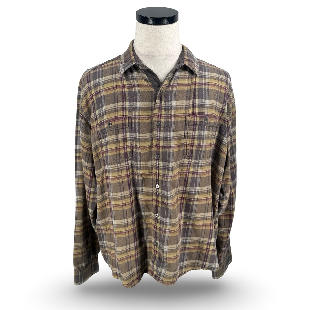 Kuhl Fugitive Mens XL Plaid Flannel‎ Shirt Brown Tan Purple Cotton Tencel 7202